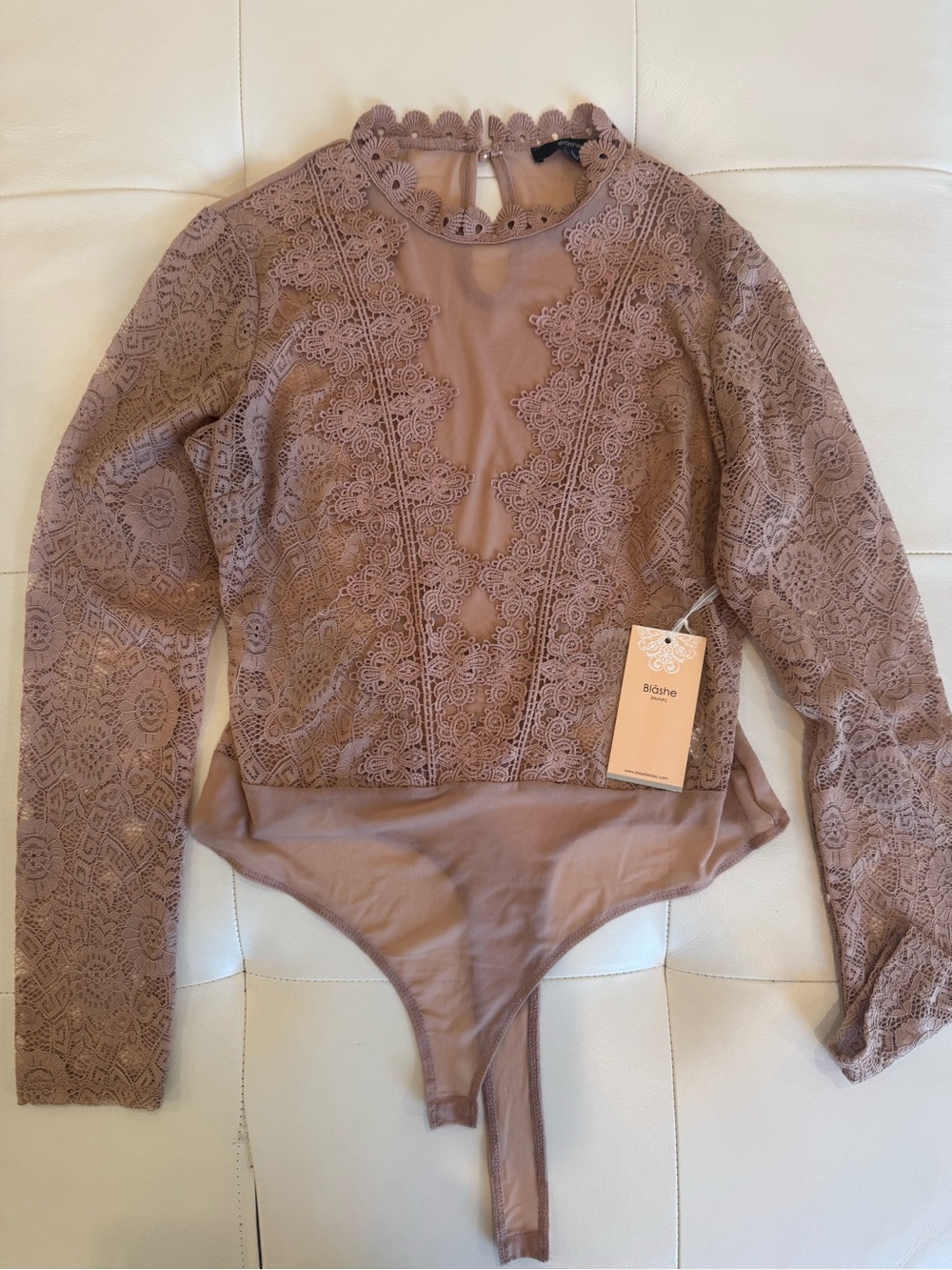 Lace Long Sleeve One-Piece Bodysuit in Dusty Mauve